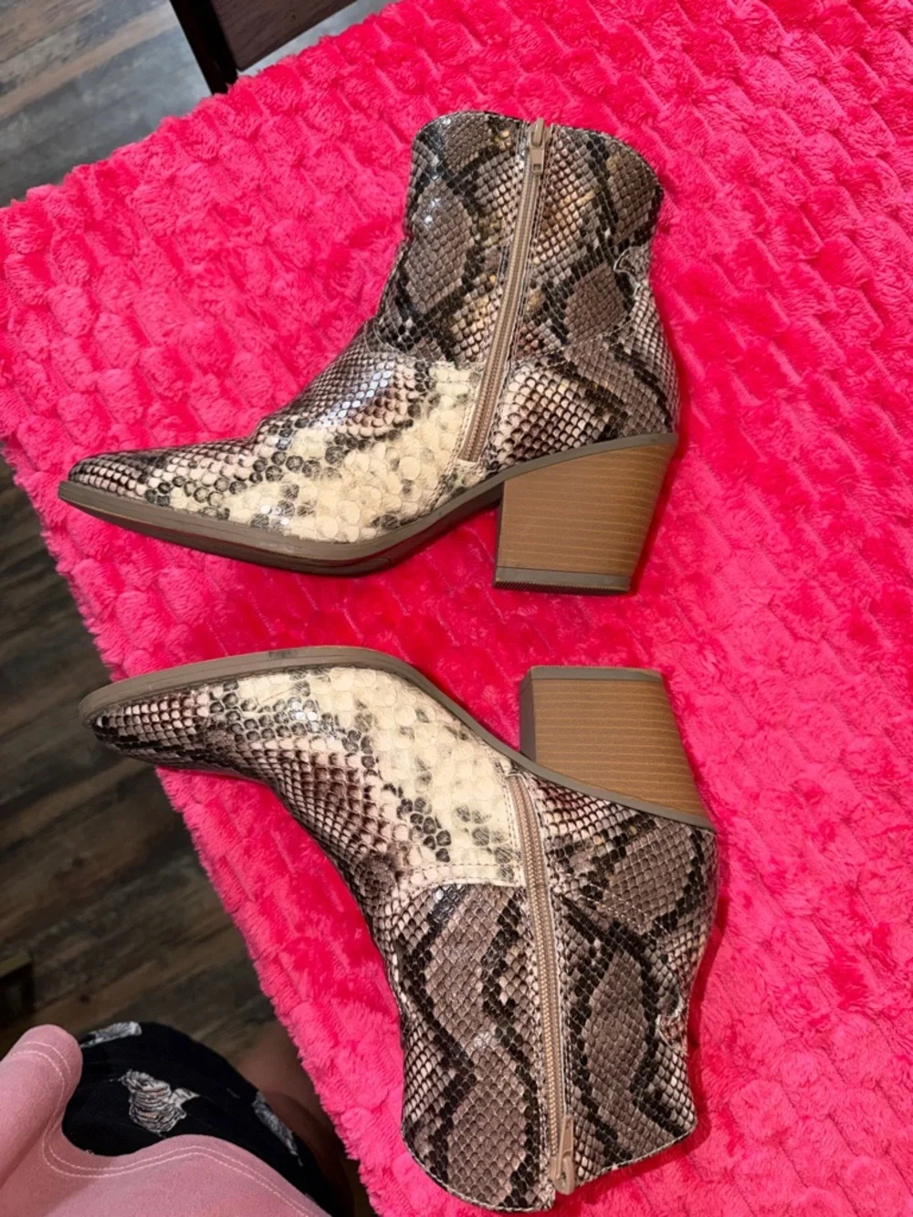 Vince Camuto Snake-Print Ankle Boots in Taupe and Black
